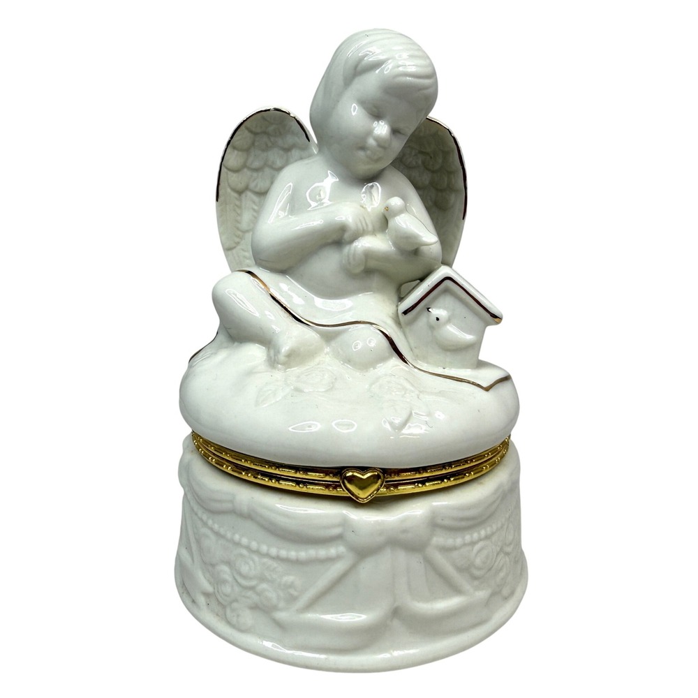 Porcelain Angel Trinket Jewelry Box Bath Salt Holder Gold Trim Bird 5in Wx7in H
